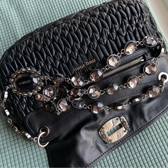 MIU MIU BLACK NAPPA LEATHER MATELASSE CRYSTAL CHAIN STRAP SHOULDER FLAP BAG - Picture 16 of 16